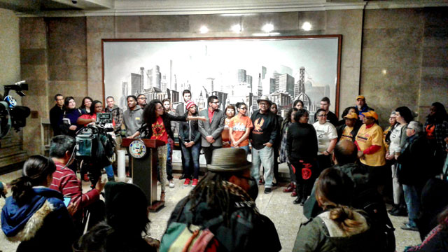 Speakers against the police academy at City Hall on the day of the vote for land use, November 8, 2017. (Photo: Matt McLoughlin)