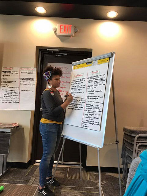 Cooperation Jackson executive committee member Sacajawea Hall gives a presentation on the development of the Fannie Lou Hamer Community Land Trust, summer 2017. (Photo: Cooperation Jackson)