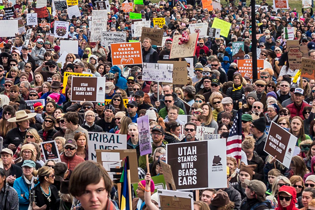 Thousands of people converged on the steps of Utah's State Capital building to protest President Trump's plan to shrink protected areas across the country. Two of those areas are both in Utah — Bears Ears and the Grand-Staircase Escalante National Monuments. (Photo: Michael Nigro / Pacific Press / LightRocket via Getty Images)