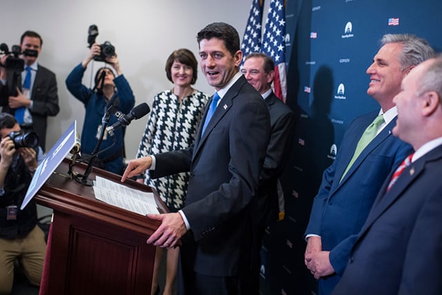 From left, Rep. Cathy McMorris Rodgers, Speaker Paul Ryan, Rep. Neal Dunn, House Majority Leader Kevin McCarthy, and Majority Whip Steve Scalise, conduct a news conference after a meeting of the House Republican Conference in the Capitol on December 19, 2017. (Photo: Tom Williams / CQ Roll Call)