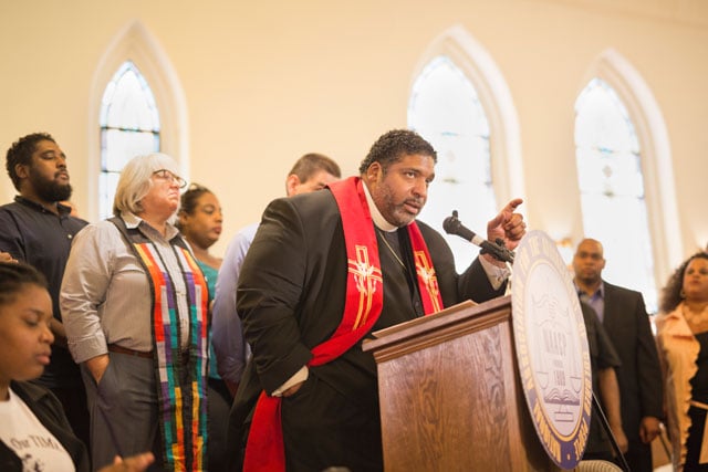 The Rev. William J. Barber II, architect of the Moral Monday's movement, announces the details of his next challenge, helping to lead a national Poor People's Campaign, during a press conference at Davie Street Presbyterian Church in Raleigh, North Carolina on May 15, 2017. (Photo: D.L. Anderson for The Washington Post via Getty Images)