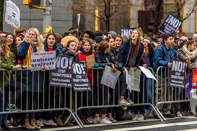 High School and College students from across New York City walked out of classes at noon on February 2, 2017, in opposition to the Donald Trump's illegal executive order targeting Muslims and refugees living in the United States. (Photo: Erik Mcgregor / Pacific Press / LightRocket via Getty Images)