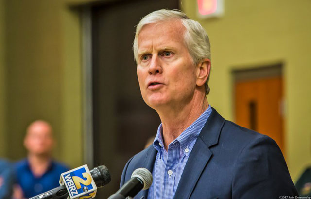 Retired Major General James Spider Marks speaking at a Louisiana Department of Natural Resources public permit hearing for the Bayou Bridge pipeline in Napoleonville on February 9, 2017. Marks chairs the advisory board for TigerSwan, a private security firm employed by Energy Transfer Partners on behalf of the Dakota Access pipeline in North Dakota.