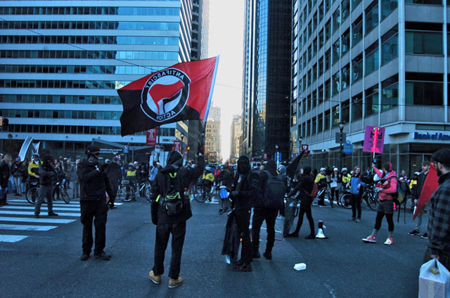 An Anti-Fascist group known as Philly Rebellion marked the arrest of more than 200 protesters one year ago at the inauguration of Donald Trump in Washington, DC, by taking and holding a major intersection in downtown Philadelphia on January 20, 2018. (Photo: Cory Clark / NurPhoto via Getty Images)