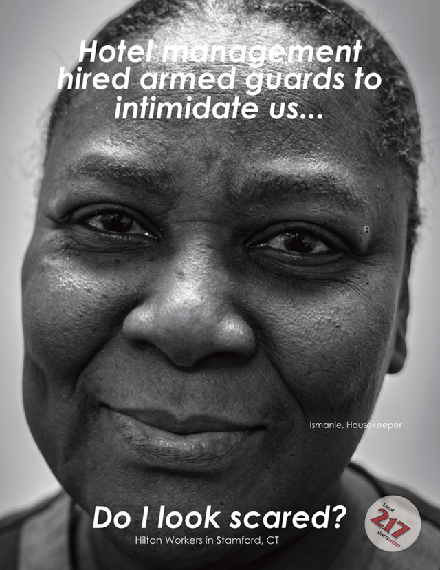 A flyer of Stamford Hilton housekeeper Ismanie Dat distributed amongst workers in response to the company using armed guards to patrol the hotel to intimidate workers. All flyers were created by volunteer workers. (Photo: Unite Here Local 217)