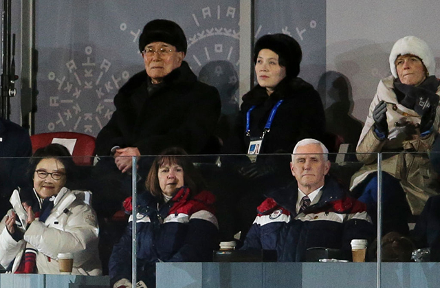 President of North Korea Kim Yong-nam and Kim Yo-jong, sister of President of North Korea Kim Jong-un (above), and Mike Pence, Vice-President of USA and wife Karen Pence (below) during the Opening Ceremony of the PyeongChang 2018 Winter Olympic Games at PyeongChang Olympic Stadium on February 9, 2018, in Pyeongchang-gun, South Korea. (Photo: Jean Catuffe / Getty Images)