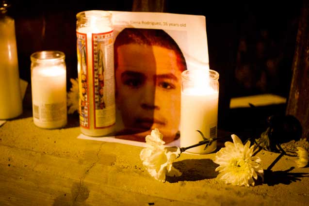 A makeshift memorial marks the spot where José Antonio died on October 10, 2012. The photo was taken several days after the shooting and blood stains are visible. (Photo: Murphy Joseph Woodhouse) 