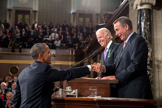 President Barack Obama greets Vice President Joe Biden and House Speaker John Boehner before delivering the State of the Union address in the House Chamber at the US Capitol in Washington, DC, February 12, 2013. (Official White House Photo by Pete Souza)