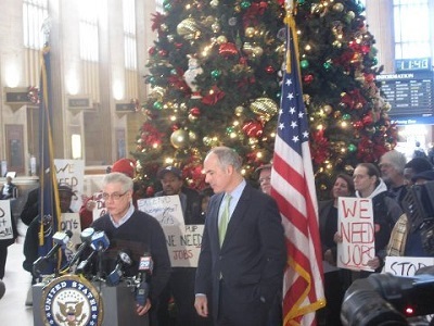 John Dodds with Sen. Robert Casey and unemployed Philadelphians calling for EUC to be continued. (Photo: Adam Goldman)