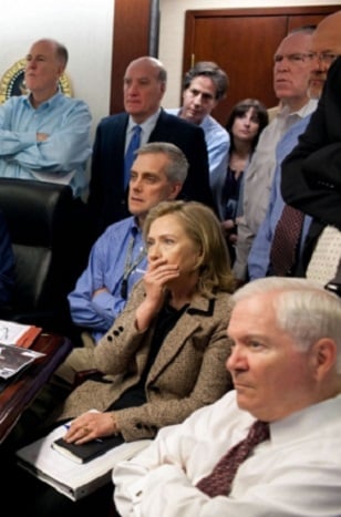 Defense Secretary Robert Gates and Secretary of State Hillary Clinton on May 1, 2011, watching developments in the Special Forces raid that killed Osama bin Laden. Neither played a particularly prominent role in the operation. (White House photo by Pete Souza)