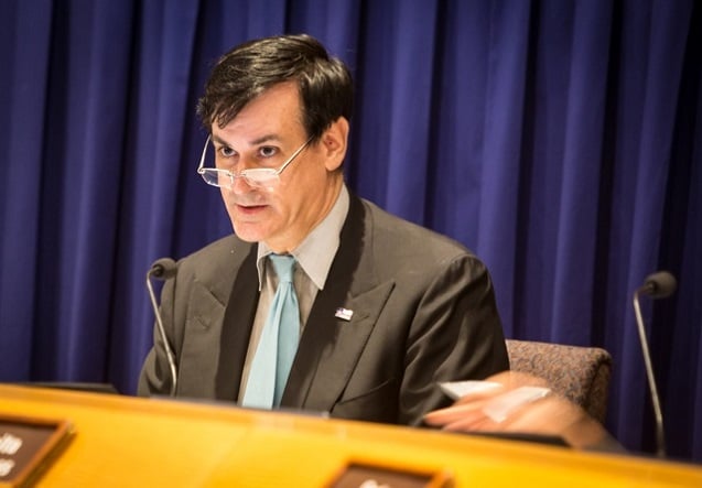 Denton’s Mayor Mark Burroughs at a City Council Meeting. (Photo: © 2014 Julie Dermansky)