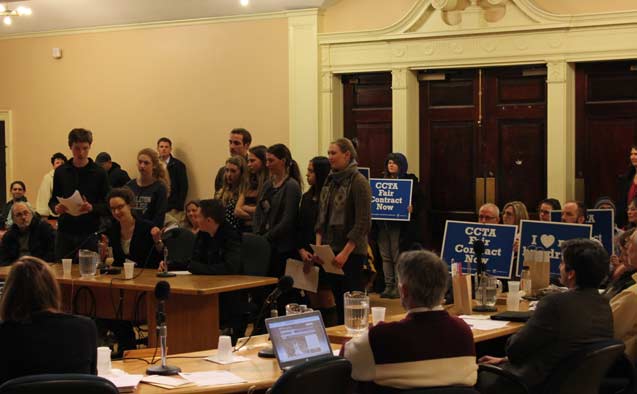 Burlington High School Students speaking out in City Council in solidarity with CCTA bus drivers. Sixty percent of all BHS students rely on CCTA buses. (Photo: Jonathan Leavitt) 