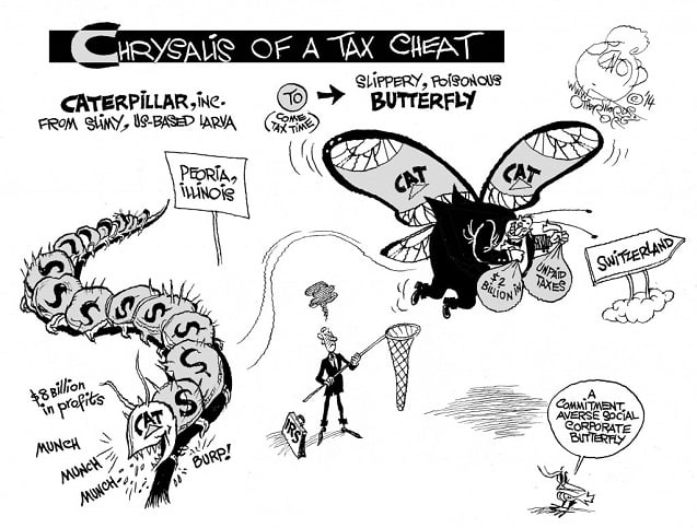 (Tax-Cheating Butterfly, an OtherWords cartoon by Khalil Bendib.)