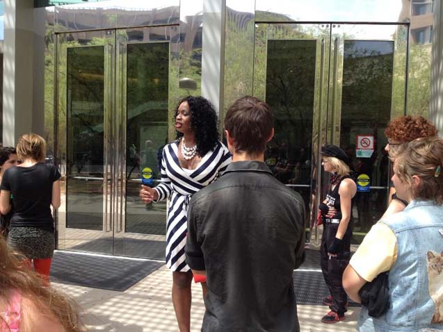 Monica Jones speaking outside the courthouse after the trial. (Photo: Laura Campagna)