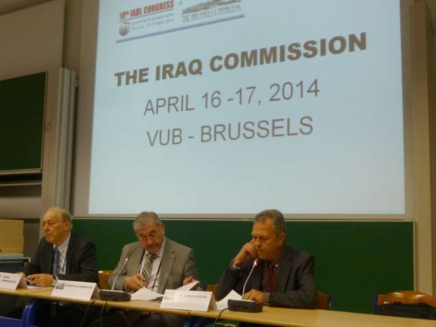 (Right to Left) Dirk Adriaensens, cofounder of the Iraq Commission and Brussels Tribunal, Sabah al-Mukhtar, chair of the Iraq Commission, and Michel Chossudovsky, Canadian economist at University of Ottawa. (Photo: Dahr Jamail)