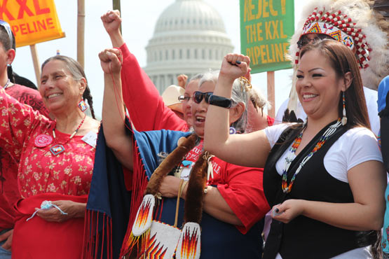 Cowboy and Indian Alliance leaders Casey Camp Horinek (at left) and Faith Spotted Eagle (second from left, in sunglasses) join Crystal Lameman (at right) from the Beaver Lake Cree First Nation in Alberta, Canada. Together, they represent tribes from regions all along the path of Keystone XL.