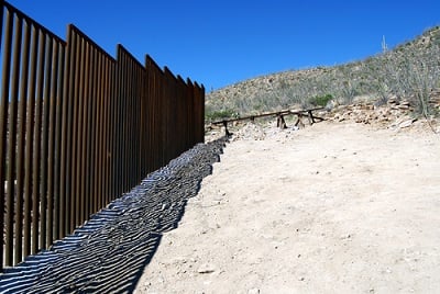 Border fence between the US and Mexico in Sasabe, Arizona. (Photo <a href=