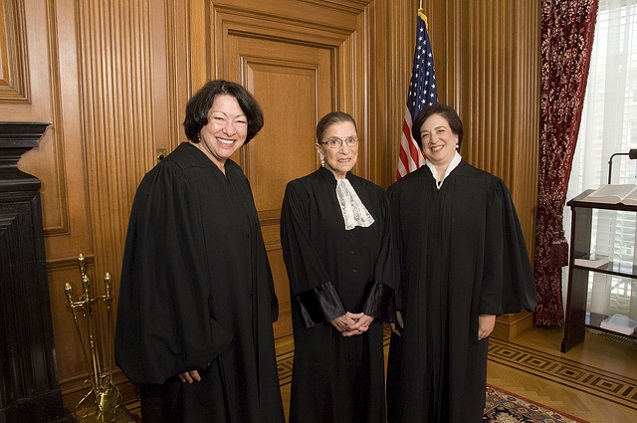 Three sitting female Justices: Justices Sonia Sotomayor (left) and Ruth Bader Ginsburg (center) with Justice Elena Kagan in the Justices’ Conference Room prior to Justice Kagan’s Investiture Ceremony. (Photo:<a href=