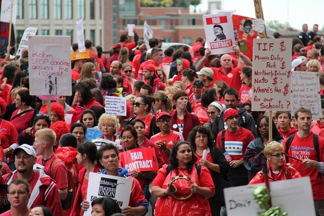 Teachers on strike and protesting in downtown Chicago, September 13, 2012. (Photo <a href=