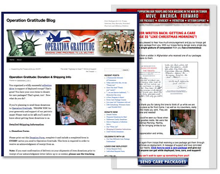 Left, an image of a soldier with a care package from Operation Gratitude originally posted on the Operation Gratitude website; right, the same image, used in an email sent by Move America Forward soliciting donations. 