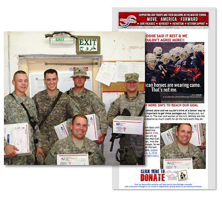 Left, a photo taken from the Wisconsin Department of Military Affairs website showing a group of soldiers holding care packages from the American Legion and VFW posts in Watertown, Wisconsin. Right, one soldier from the same photo used in an email sent by Move America Forward soliciting donations. It’s the same soldier, but in the Move America Forward email, his nametag has been blurred out. 