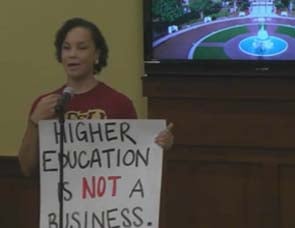 Lissa Reed (FSU Student) is giving public comment, decrying corporate influence in the search and calling for a restructuring. (Photo: Ralph Wilson, from the livestream of the meeting)