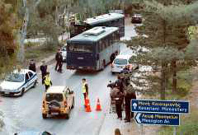 The riot police blockade of the road leading up to the Mount Ymittos transmitter site in Athens, the morning after the operation to shut down the 66 radio stations. (Photo courtesy of Michael Nevradakais)