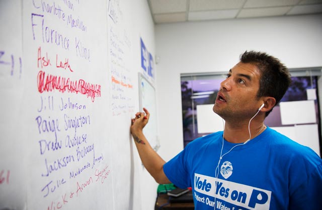 State Assemblyman Das Williams records the name of a volunteer who wants to help the Measure P campaign in the final days before Election Day.