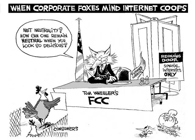 When Corporate Foxes Mind Internet Coops. (Otherwords cartoon: Khalil Bendib)