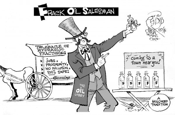 The Frack Oil Salesman, an OtherWords cartoon by Khalil Bendib.