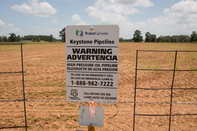 Warning sign for the Keystone XL Pipeline in Douglas, Texas. (Photo: ©2013 Julie Dermansky)