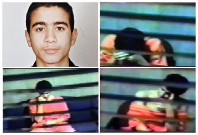 Clockwise from upper left: an undated photo of Omar Khadr, a detainee at the Guantanamo Naval Base; three frame grabs from a video released July 15, 2008, by Khadr's defense attorneys reportedly taken in an interrogation room at Guantanamo while being questioned by members of the Canadian Security Intelligence Service. (Clockwise credit: Khadr family handout/Khadr's attorney)