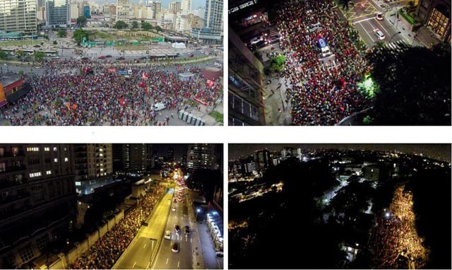 Aerial views captured by a drone, from the march meeting point at Largo da Batata to the arrival at Bandeirantes Palace, in Morumbi neighborhood. (Photos: Mídia NINJA/ContaD'agua.org)