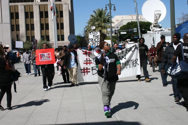Protesters march on Tuesday, March 3, demanding justice for Africa, a homeless skid row resident who was killed by LA police on March 1. (Photo: Bethania Markus)