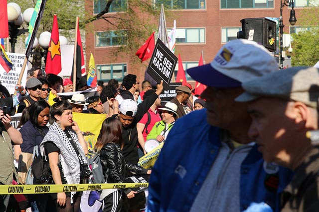 May Day protesters rally in Union Square on May 1, 2015, prior to marching to Foley Square. (Photo: Matt Surrusco)