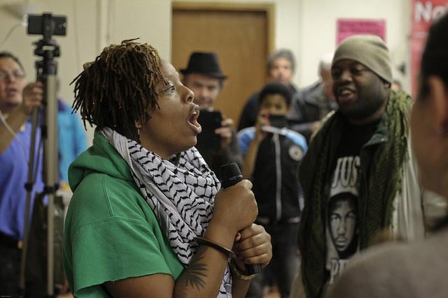 Patrisse Cullors speaking in Tottenham, North London as part of the Ferguson Solidarity Tour.