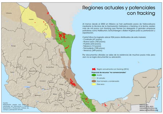 A map of the areas of current or future fracking activity in Mexico, which local communities say they have no information about. (Image: Courtesy of Cartocrítica)