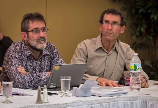 Mark Parnell next to David Smith at a seminar on fracking in Ithaca, NY. (Photo: Julie Dermansky)