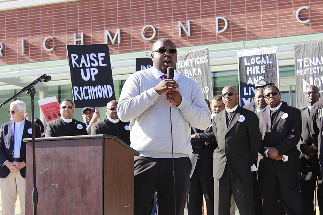 4 June, 2015: An activist speaks at the Anti-Displacement Rally in Richmond, CA. (Photo: Adam Hudson)