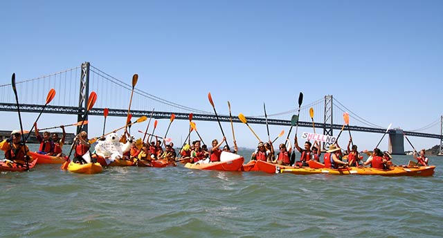 The kayaktivists paddled under the iconic Bay Bridge and other San Francisco landmarks like the financial district. (Photo: Rucha Chitnis)