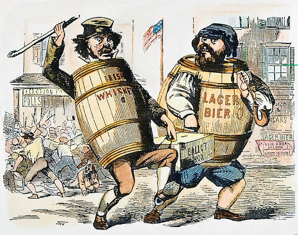 A Know-Nothing cartoon depicting stereotypes about whiskey drinking Irish and beer drinking Germans as they steal the ballot box while Americans fight at the polls.