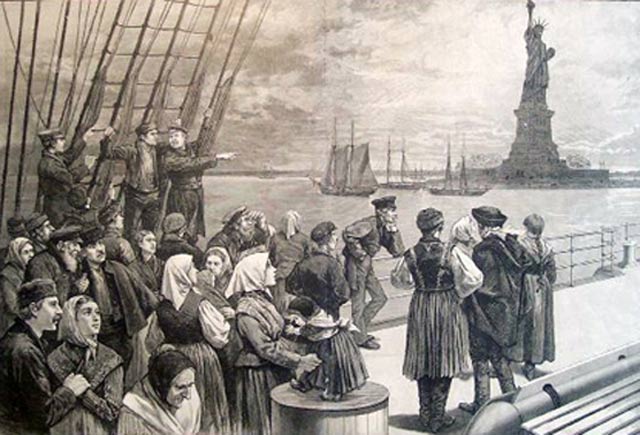 An illustration of immigrants on the steerage deck of an ocean steamer passing the Statue of Liberty from Frank Leslie’s Illustrated Newspaper, July 2, 1887. (Courtesy of National Park Service, Statue of Liberty NM)