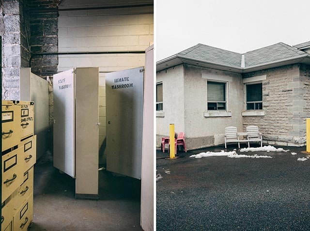 The Modern Correctional Officer: toilet cubicles in the metal workshop hint at some of the shared issues that staff (correctional officers) and prisoners face. Muskoka (Adirondack) chairs and pink lawn chairs, used by guards, sit in front of an admin building in a courtyard. (Photo: Cindy Blažević)