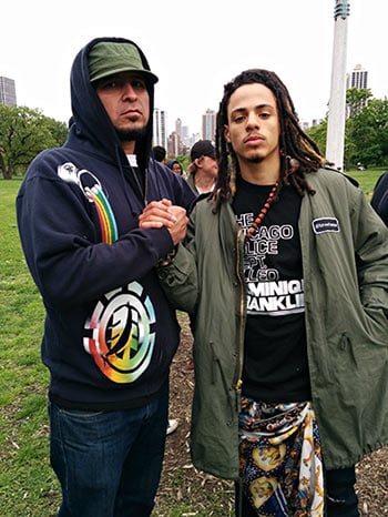 Young Black organizer and performing artist Ethan Viets-VanLear and Remy, a Diné, Navajo direct action trainer, worked in creative collaboration to combat police violence in Chicago in May of 2015. (Photo: Kelly Hayes)
