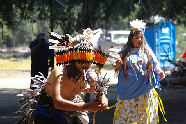  “This gathering is our prayer and vision to heal as we face historic drought and fires in California. We are here to speak for the salmon—our food and spiritual source that are an indicator of healthy ecosystems,” said Michael Preston, Winnemem member and dancer. (Rucha Chitnis)