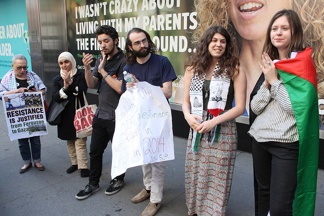 29 April, 2015: Demonstrators gathered at the consulate general of Israel in solidarity with the Gaza Strip. The rally, organized by Students for Justice in Palestine chapters at Hunter College and John Jay College of the City University of New York, New York University, and St. Joseph's College, protested Israel's siege and occupation of the Palestinian enclave. (Photo: Joe Catron)