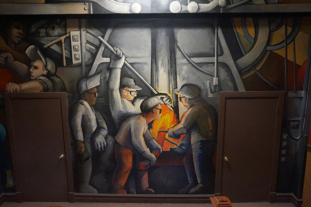 Jose Guerrero worked with John Pitman Weber painting iconic murals on Chicago’s UE union hall. Mural by Jose Guerrero and John Pitman Weber. (Photo: J Burger)