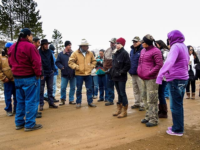 Northern Cheyenne tribal members, rancher Clint McRae, Amish community members and allies discuss the proposed Tongue River Railroad. (Photo by Beth Raboin)