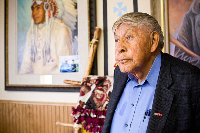 Chief Earl Old Person, in his office in downtown Browning, Montana. Elected to the Blackfeet Tribal Business Council in 1954, Chief Old Person has been an impassioned ambassador for the Blackfeet Tribe for more than six decades. (Photo: Rebecca Drobis / Earthjustice)