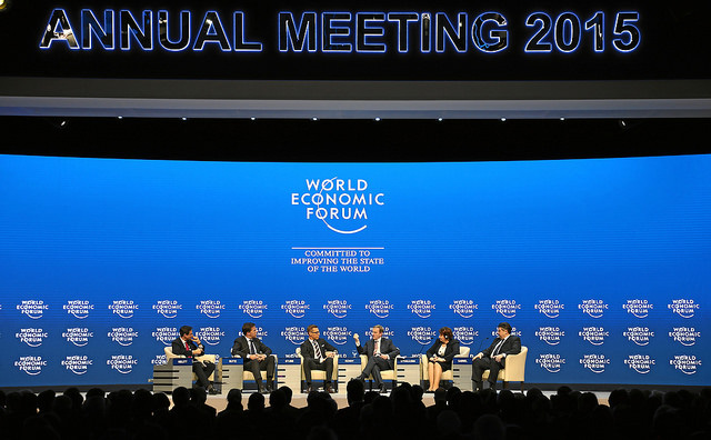 A panel speaks at the annual World Economic Forum in Davos-Klosters, Switzerland, January 22, 2015. The conference represents the shadow transnational corporate power that increasingly supersedes nation-state​ governance. (Photo: Valsts kanceleja / State Chancellery)
